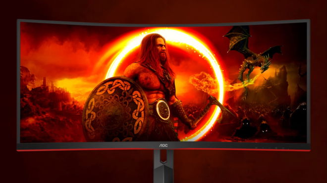 AOC monitor CU34G2XP/BK displaying a Viking in a hellish environment
