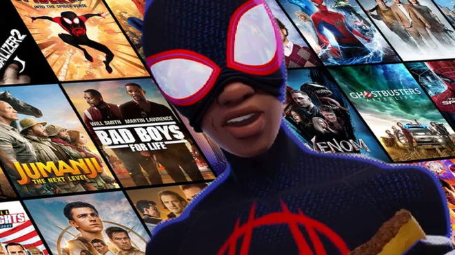 Sony Pictures Core movie library with Miles Morales reacting negatively on top 