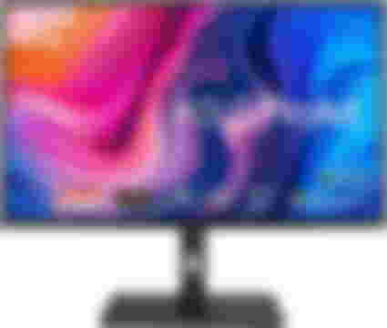 ASUS ProArt Display PA328CV product image of a black monitor with a orange, pink, purple, and blue wavy pattern on the display.