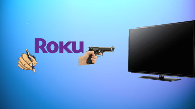 roku logo holding out pen and pointing gun at TV