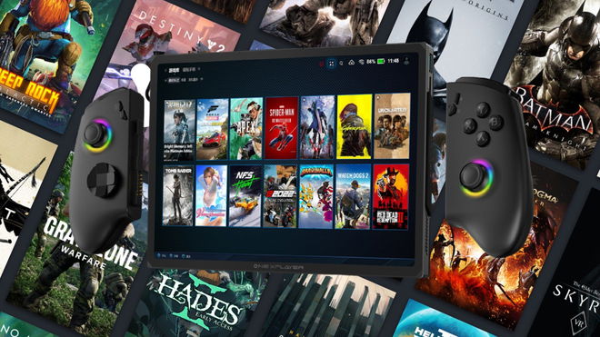 An image of the OnexPlayer X1 handheld in front of the Steam library