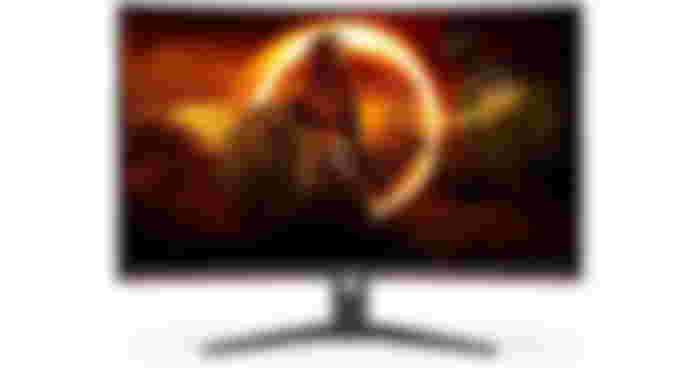 AOC C32G2ZE product image of a black monitor with a Viking-looking warrior holding a shield and axe in front of a circular orange light on the display.