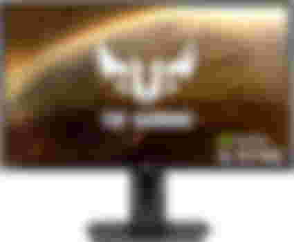 ASUS TUF VG27AQ product image of a black monitor with white branding in front of an orange planet on the display.