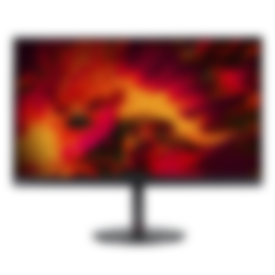 Acer Nitro XV282K product image of a black monitor with an orange and red pattern on the display.