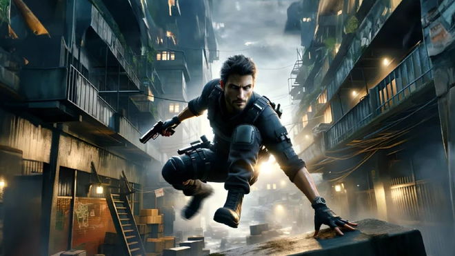 Man jumping over an obstacle with a pistol in-hand in Stride Fates key art