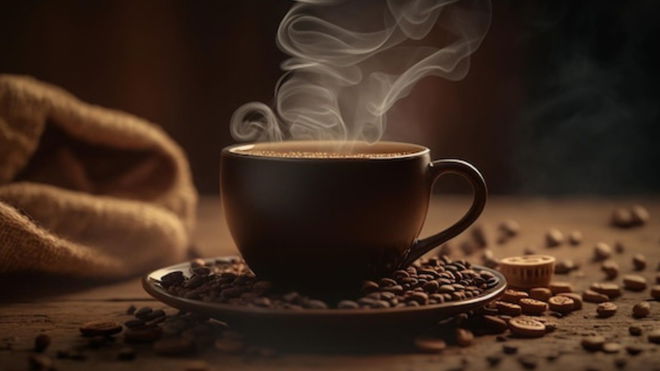 Steaming cup of black coffee surrounded by coffee beans on a rustic wooden table, illustrating the ingredients for the TikTok 7-Second Coffee trick for weight loss.