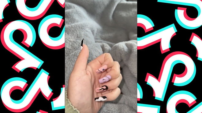 An image of newly done nails from the viral TikTok “New Nails and Kitty” video featuring Lily Natty showing off her new nails