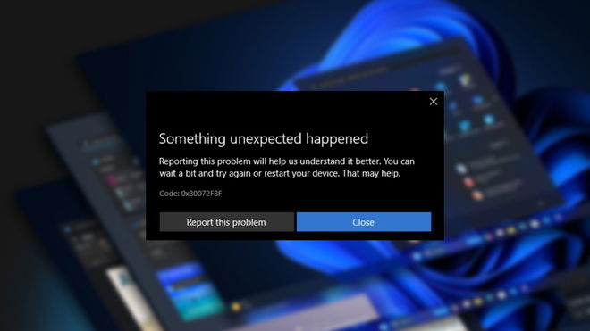 An image of the Windows 0x80072F8F Error Code in MS Store