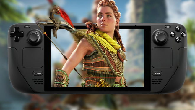 Aloy from Horizon Forbidden West coming out of a Steam Deck