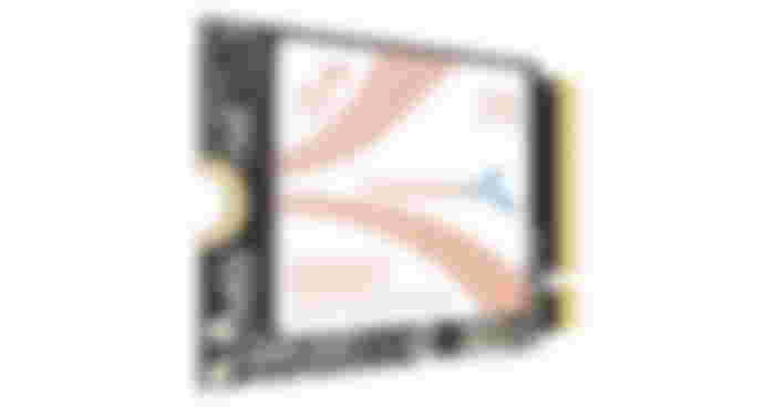 Sabrent Rocket 2230 product image of a black and gold square SSD featuring white and light pink branding on top.