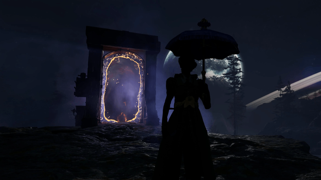 nightingale character with umbrella facing realm portal