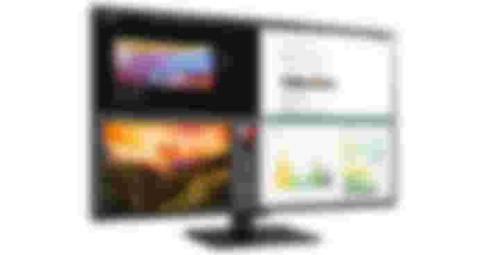 LG 43UN700-B product image of four windows open, one in each corner, on the display.
