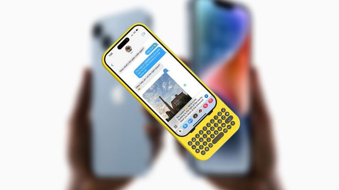 Yellow Clicks case on an iPhone in front of a press image from Apple