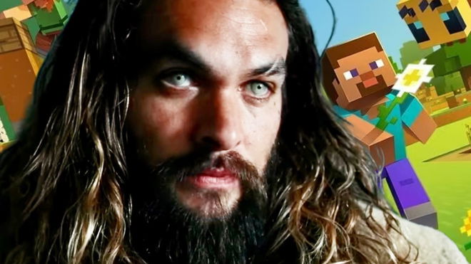 Aquaman star Jason momoa on a Minecraft movie background