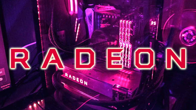 The AMD Radeon logo on top of a gaming PC