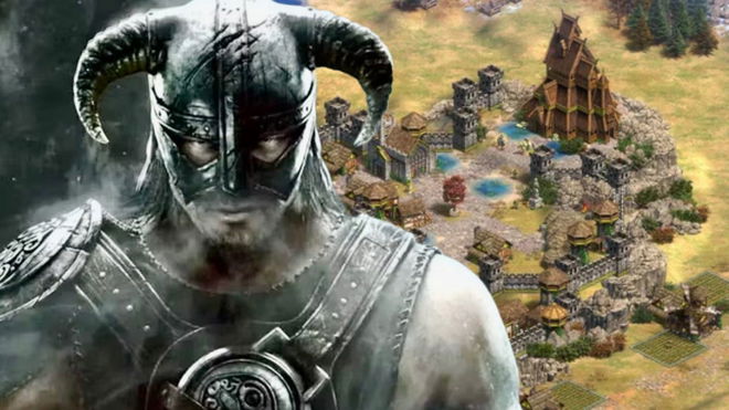 The Skyrim protagonist looking at the Age of Empires 2 Skyrim mod