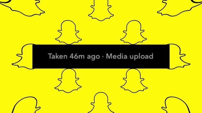 Snapchat’s new ‘Media upload’ label with the timestamp ‘Taken 46m ago’ on a yellow background with Snapchat logo outlines.