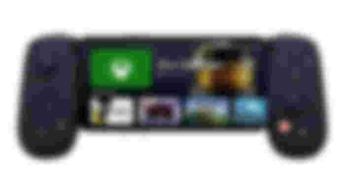 Backbone One product image of two black sides of a controller connected to a phone with Xbox Game Pass loaded up.