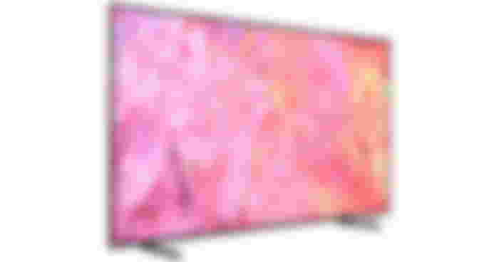Samsung QN32Q60C product image of a near-frameless black TV featuring a pink pattern on the display.