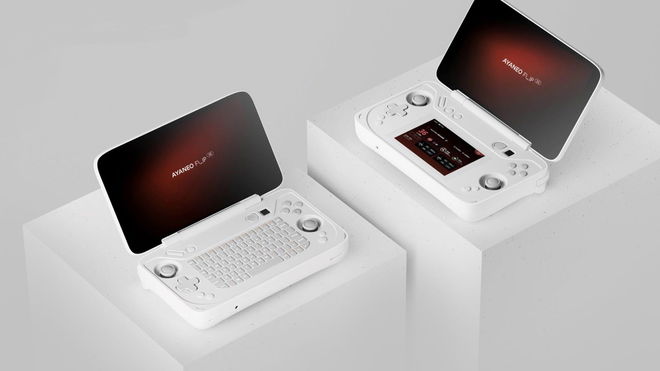 AYANEO Flip KB and DS models on white podiums