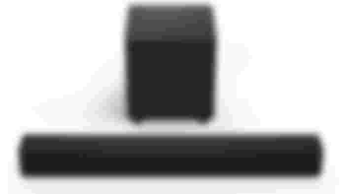 A rectangular black soundbar with a subwoofer behind it.