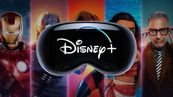 Apple Vision Pro headset with Disney+ logo in front of Disney wallpaper
