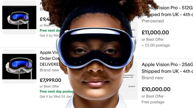 Apple Vision Pro user on top of eBay listings for the new headset
