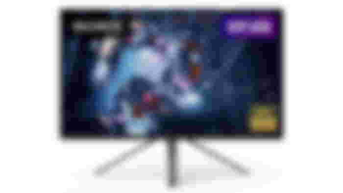 Sony Inzone M9 product image of a white and black monitor with a silver and orange robot on the display.