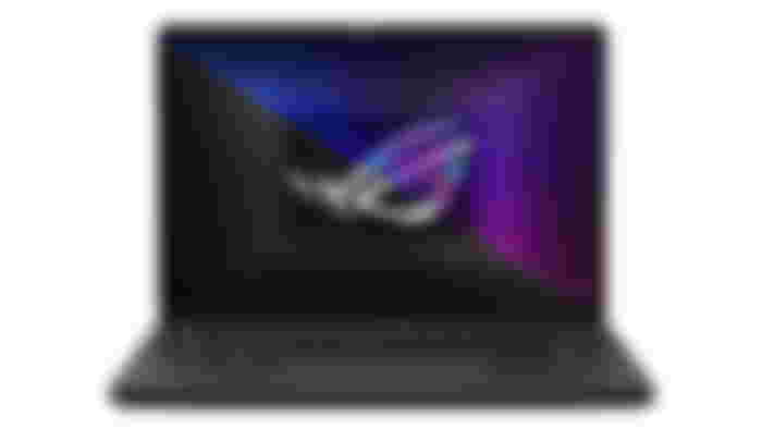 ASUS ROG Zephyrus G14 product image of a black laptop featuring grey and white as well as blue and purple ASUS branding on the display split horizontally.