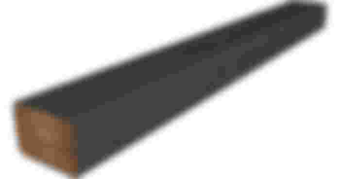 LG SP2 product image of a dark grey soundbar with a wood panel on the end.