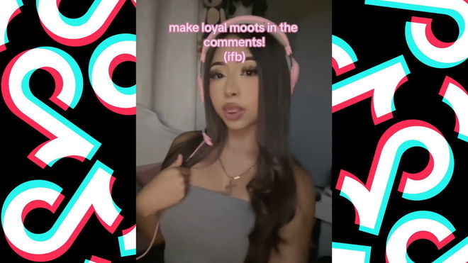 TikTok user explaining IFB strategy, with text ‘make loyal moots in the comments! (ifb)’ against a TikTok logo background. She wears pink headphones and a grey top.