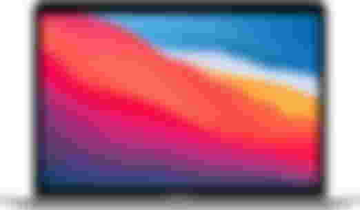 Apple MacBook Air product image of a thin silver laptop featuring a blue, red, orange, purple, and white pattern on the display.
