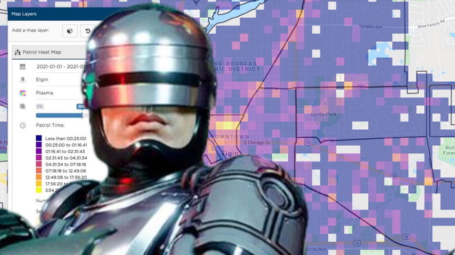 RoboCop on top of a map generated by crime predicting AI tool Geolitica 