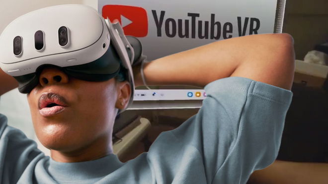 Oculus Quest 3 foot tracking behind an advert of the meta quest 3 headset 