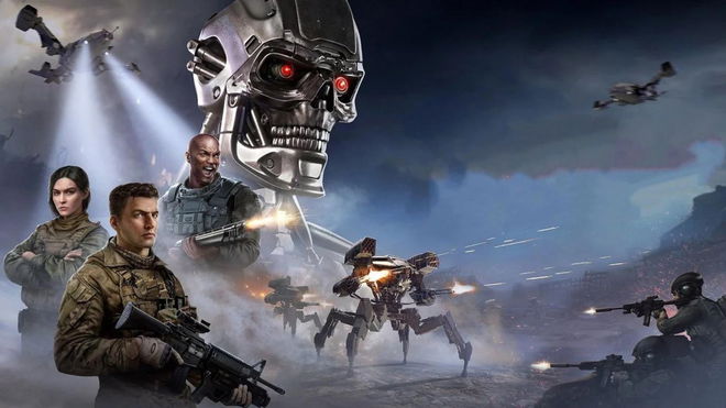 Key art for the RTS title Terminato Dark Fate - Defiance featuring three resistance soldiers and Terminator machines