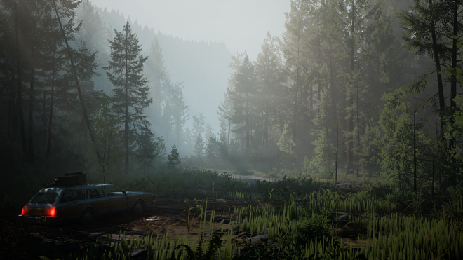 pacific drive review car in the forest
