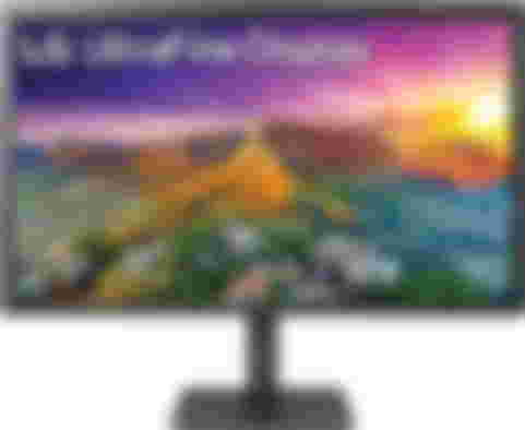 LG 27MD5KL-B product image of a black monitor with a sunset scene over mountains on the display.