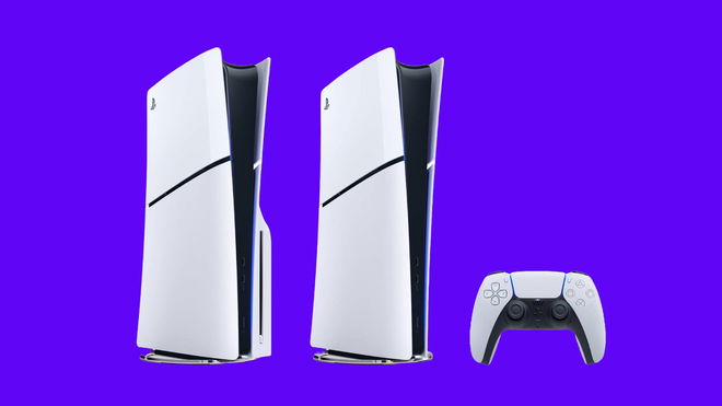 PS5 Slim vs regular - An image of the two PS5 Slim models along with the controller