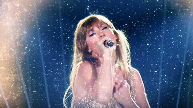 A projection of Taylor Swift from the Eras Tour film 