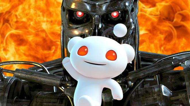 Reddit's new 3D Snoo in front of a fire background and the Terminators