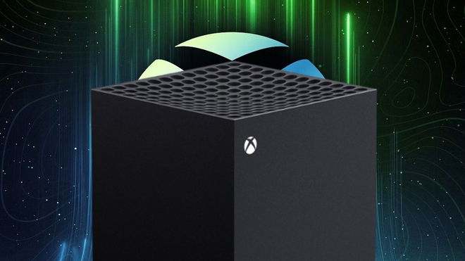 Top of an Xbox Series X in front of a dynamic Xbox background