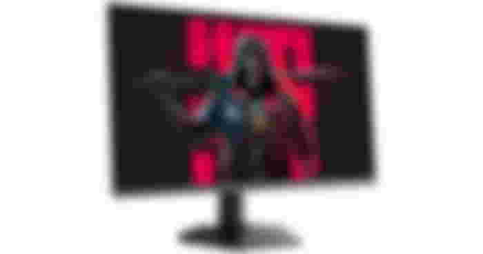 KOORUI GN02 product image of a black monitor with a masked character holding a sword on the display in front of red branding.
