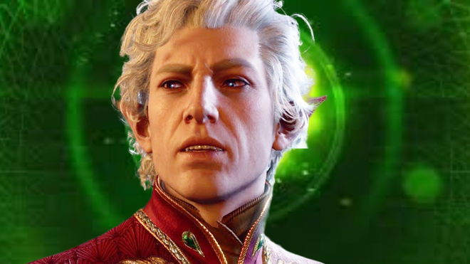 Baldur’s Gate 3’s Astarion wearing his iconic purple blazer in an Xbox background