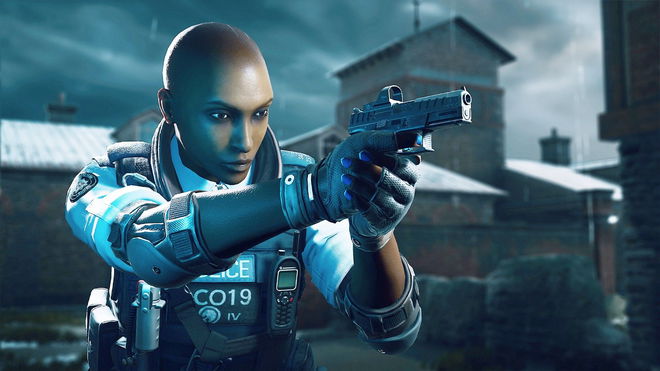 Rainbow Six Siege error code 8-0x00003700 - An image of a bald lady cop aiming her gun