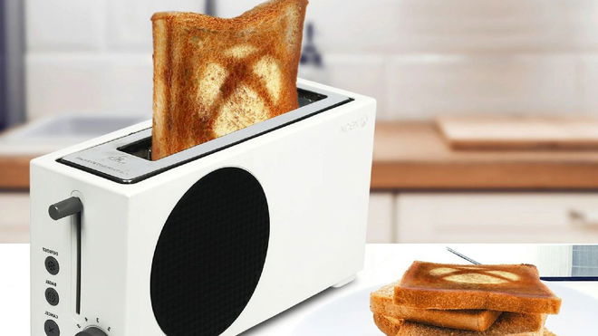 The Xbox Series S toaster on a kitchen counter popping out branded bread slices 