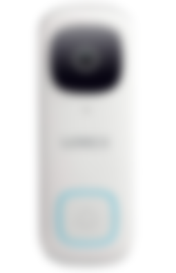 Lorex B451AJD-E product image of a white doorbell with a black camera built-in and a blue light on the front.