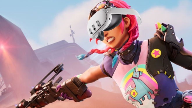 Brite Bomber new Wasteland skin in Fortnite aiming a crossbow while wearing a Meta Quest 3 VR headset