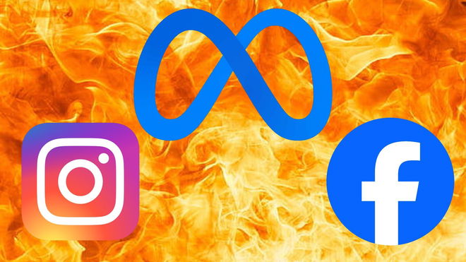 Meta logo above Instagram and Facebook logos in front of fire