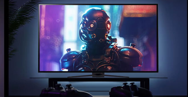 Image of two black controllers in front of black monitor featuring a robot on the display.