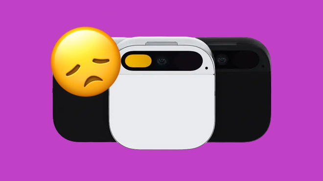 A yellow disappointed emoji next to a group of Humane AI Pin, both of which are in front of a purple/pink background